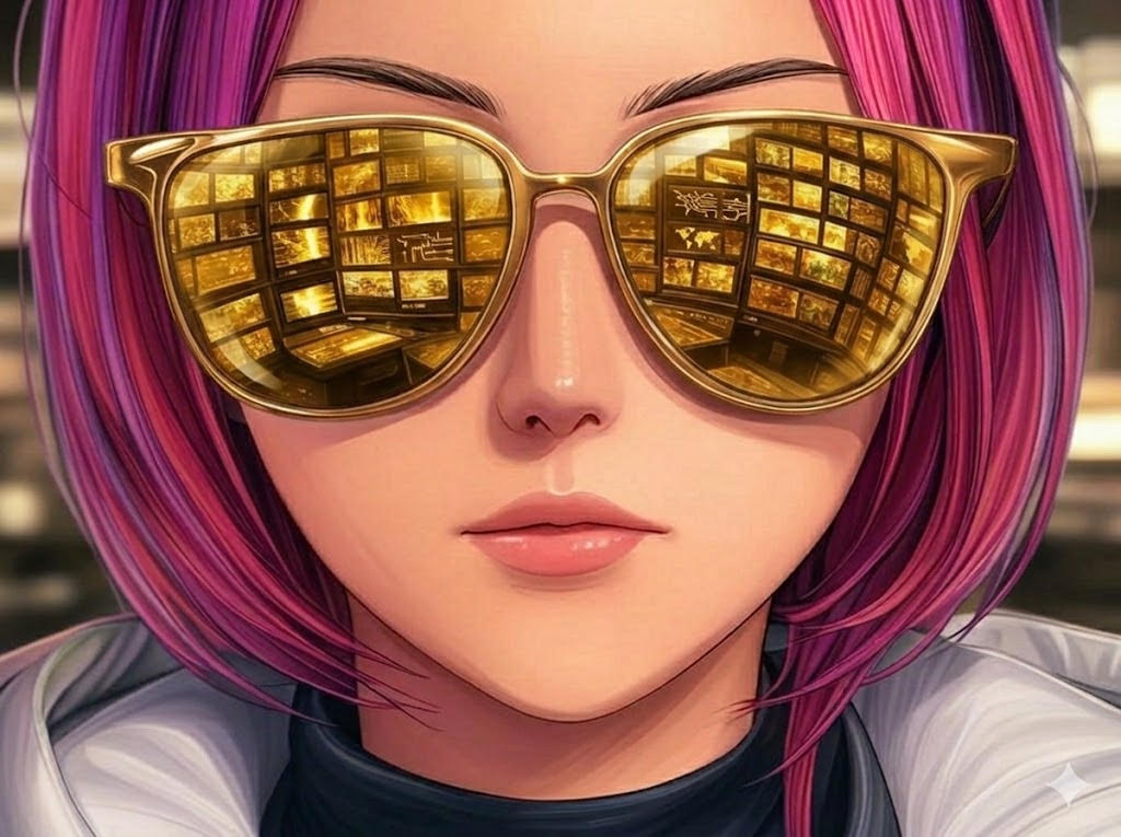 Ultiplay Gold — character with golden mirrored sunglasses reflecting a grid of premium video streams