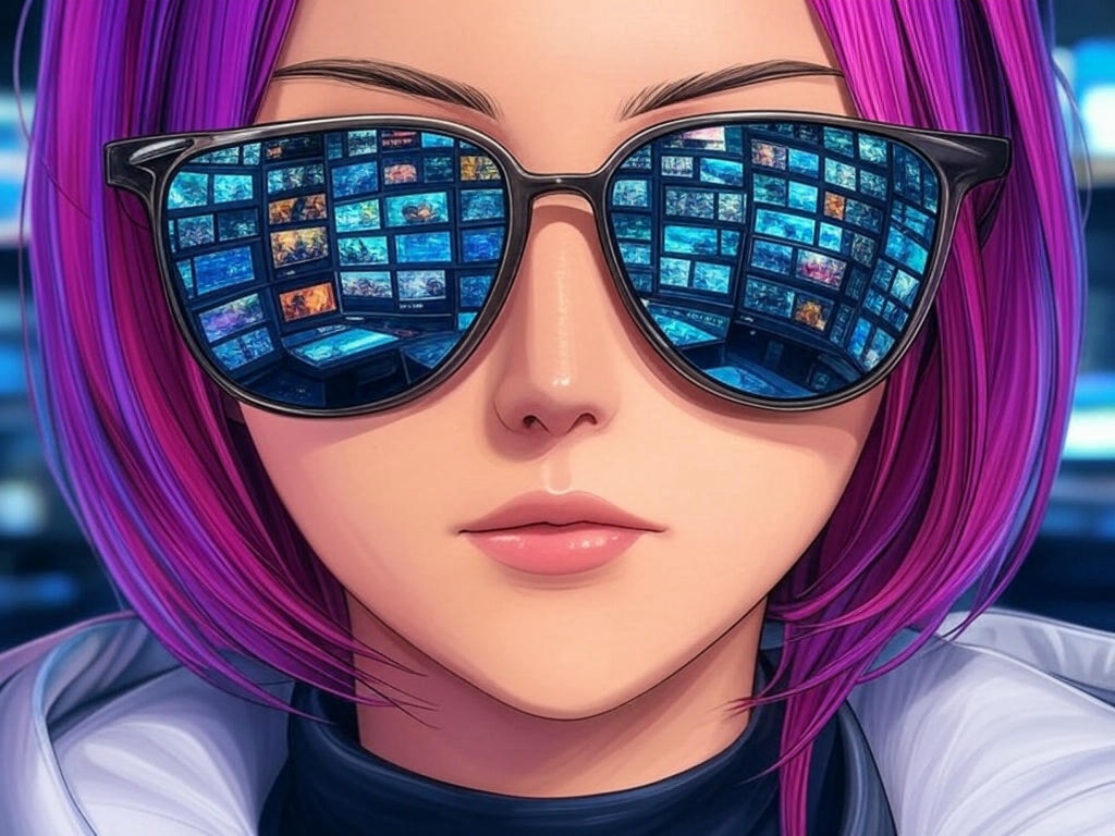 Ultiplay — character wearing sunglasses reflecting a grid of video streams